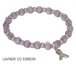 Cancer Awareness bracelet with faceted lavender beads and sterling silver awareness ribbon