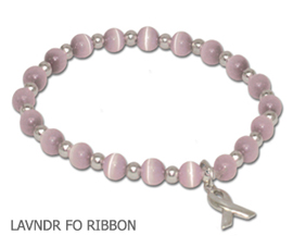Cancer Awareness bracelet with lavender Cat’s Eye beads and sterling silver awareness ribbon