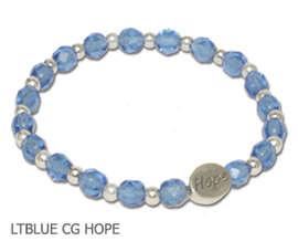 Lymphedema Awareness bracelet with faceted light blue beads and sterling silver Hope bead