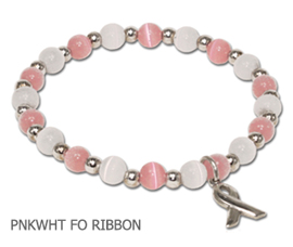 Breast Cancer Awareness bracelet with opaque pink and white fiber optic beads with sterling silver awareness ribbon
