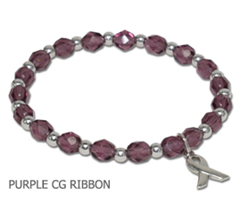 Pancreatic Cancer Awareness bracelet with faceted purple beads and sterling silver awareness ribbon