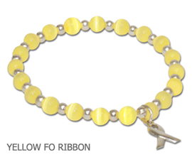 Liver Disease Awareness bracelet with opaque yellow fiber optic beads and sterling silver awareness ribbon
