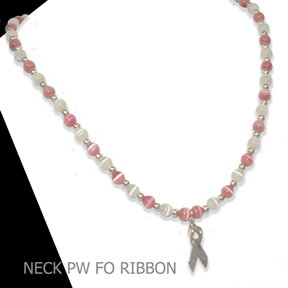 Breast Cancer Awareness necklace made with pink and white fiber optic beads with a sterling silver awareness ribbon with extender chain and lobster clasp by A Different Twist