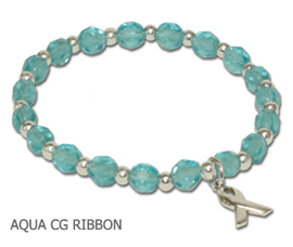 Thyroid Cancer awareness bracelet with aqua Czech glass and sterling silver awareness ribbon