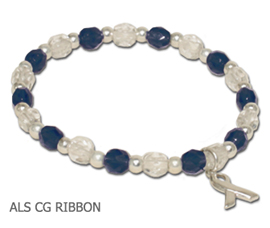 ALS Awareness bracelet with faceted navy blue and clear Czech glass beads and sterling silver awareness ribbon