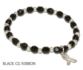 Melanoma awareness bracelet with jet-black Czech glass and sterling silver awareness ribbon