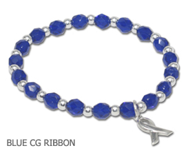 Colon Cancer awareness bracelet with faceted blue glass beads and sterling silver awareness ribbon