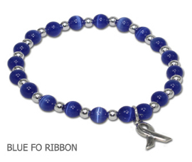 Colon Cancer awareness bracelet with blue Cat’s Eye beads and sterling silver awareness ribbon