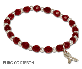 Multiple Myeloma awareness bracelet with burgundy Czech glass beads and sterling silver awareness ribbon