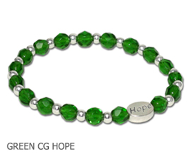 Kidney Disease Awareness bracelet with faceted green glass beads and sterling silver Hope bead