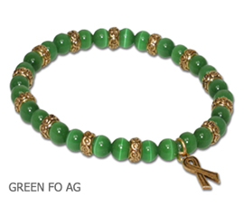 Kidney Cancer Awareness bracelets with round green beads and antique gold Awareness ribbon