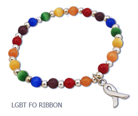 LGBT rainbow pride stretch awareness bracelet with pewter awareness ribbon
