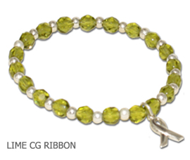 Lymphoma Awareness bracelet with faceted lime beads and sterling silver awareness ribbon
