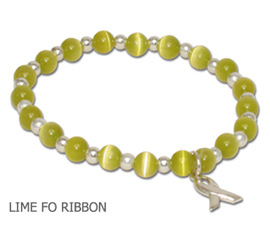 Lymphoma awareness bracelet with round lime beads and sterling silver awareness ribbon