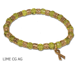 Muscular Dystrophy Awareness bracelet with faceted lime beads and antique gold Awareness ribbon