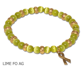Muscular Dystrophy Awareness bracelet with round lime beads and antique gold Awareness ribbon