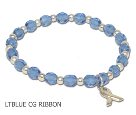 Prostate Cancer Awareness bracelet with faceted light blue beads and sterling silver awareness ribbon