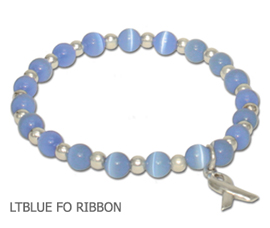 Prostate Cancer Awareness bracelet with light blue fiber optic beads and sterling silver awareness ribbon