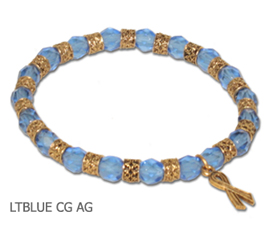 Thyroid Cancer Awareness bracelet with faceted light blue beads and antique gold Awareness ribbon