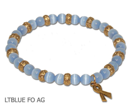 Thyroid Cancer Awareness bracelet with light blue beads and antique gold Awareness ribbon