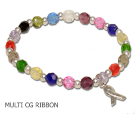 Cancer awareness bracelet with multi-colored Czech glass and sterling silver awareness ribbon