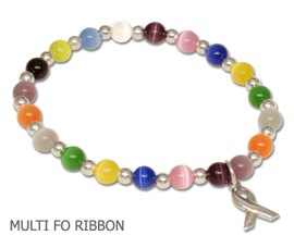 Cancer awareness bracelet with multi-colored beads and sterling silver awareness ribbon