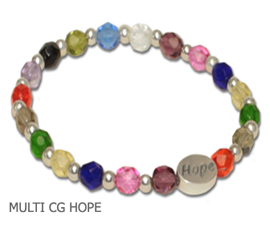 Cancer awareness bracelet with multi-colored Czech glass and sterling silver Hope bead
