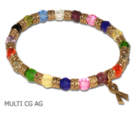 Cancer awareness bracelet with multi-colored Czech glass and antique gold pewter Awareness ribbon