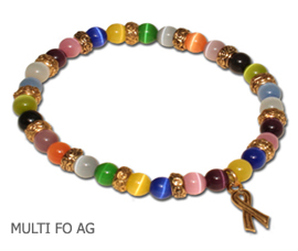 Many Cancers awareness bracelet with multi-colored beads and antique gold Awareness ribbon