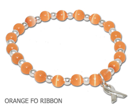 Multiple Sclerosis Awareness bracelet with round orange beads and sterling silver awareness ribbon