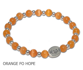 Leukemia Awareness bracelet with orange fiber optic beads and sterling silver Hope bead