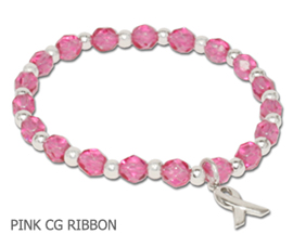 Breast Cancer Awareness bracelet faceted pink beads and sterling silver awareness ribbon