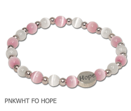 Breast Cancer Awareness bracelet with pink and white fiber optic beads with silver Hope bead