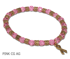 Gold Breast Cancer Awareness bracelet with faceted pink beads and gold Awareness ribbon