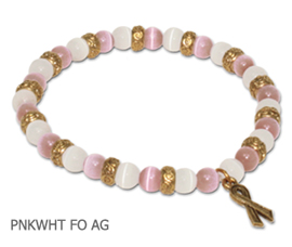 Gold Breast Cancer Awareness bracelet with pink and white fiber optic beads with antique gold Awareness ribbon