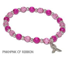 Inflammatory Breast Cancer awareness bracelet with hot pink and pink glass beads and sterling silver awareness ribbon
