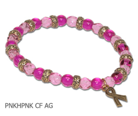 Inflammatory Breast Cancer awareness bracelet with hot pink and pink glass beads and antique gold Awareness ribbon