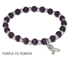 Crohn’s Disease Awareness bracelet with round purple beads and sterling silver awareness ribbon