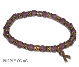 Cystic Fibrosis Awareness bracelet with faceted purple beads and antique gold Awareness ribbon