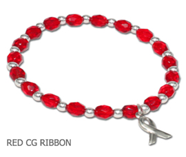 Heart Disease Awareness bracelet opaque round red beads and sterling silver awareness ribbon
