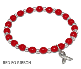 Heart Disease Awareness bracelet with opaque red glass beads with sterling silver awareness ribbon