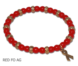 HIV Awareness bracelet with opaque red glass beads with antique gold Awareness ribbon