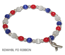 Red, white and blue Cat’s Eye awareness bracelet with sterling silver awareness ribbon