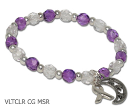 Relay bracelet with violet and clear Czech glass beads, sterling silver awareness ribbon and pewter moon and stars charm
