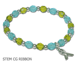 Stem Cell Donation Awareness bracelet with aqua and lime faceted beads and sterling silver awareness ribbon