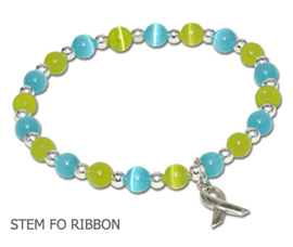 Stem Cell Donation Awareness bracelet with aqua and lime cat’s eye beads and sterling silver awareness ribbon