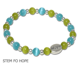 Stem Cell Donation Awareness bracelet with aqua and lime cat’s eye beads and sterling silver Hope bead
