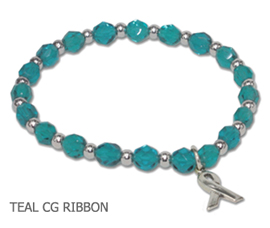 Gynecological Cancer Awareness bracelet with faceted teal beads and sterling silver awareness ribbon