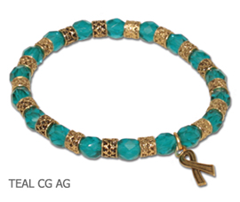 Ovarian Cancer Awareness bracelet with faceted teal beads and antique gold Awareness ribbon