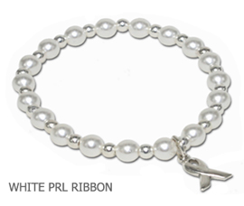Lung Cancer Awareness bracelet with white glass pearls and sterling silver awareness ribbon